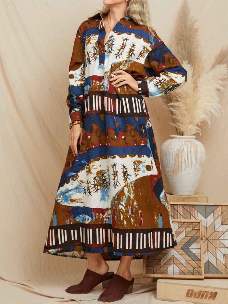 
	Ethnic Pattern Vintage Button Pocket Lapel Collar Print Dress