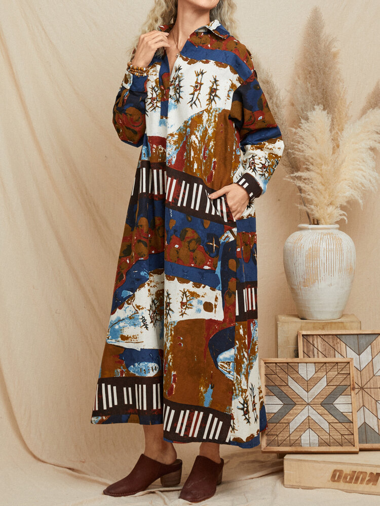 
	Ethnic Pattern Vintage Button Pocket Lapel Collar Print Dress