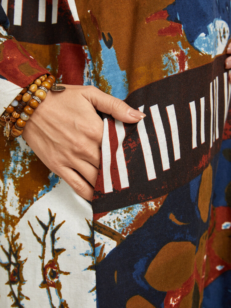 
	Ethnic Pattern Vintage Button Pocket Lapel Collar Print Dress