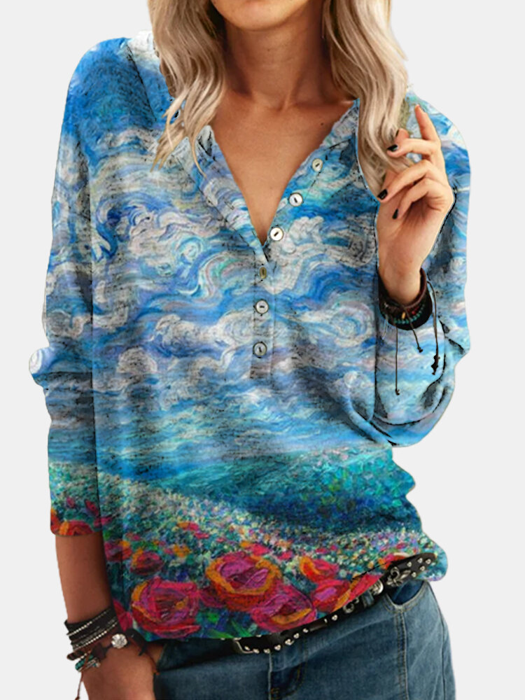 
	Casual Landscape Print Button Long Sleeve Hoodie
