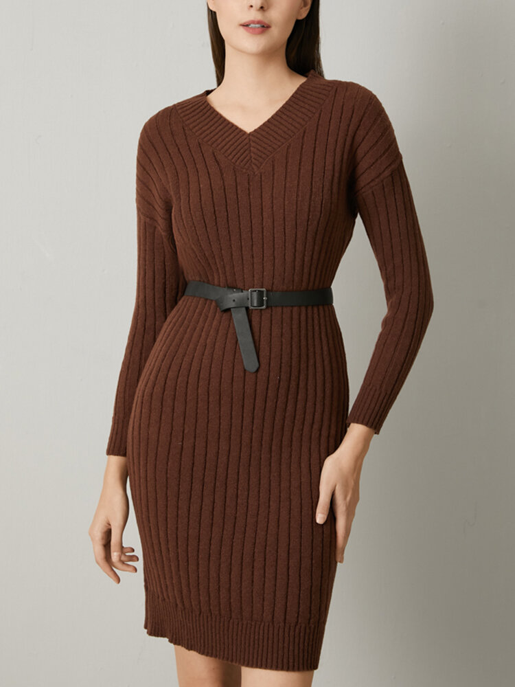 
	Solid Color Ribbed Knit V-neck Bodycon Women Casual Dress