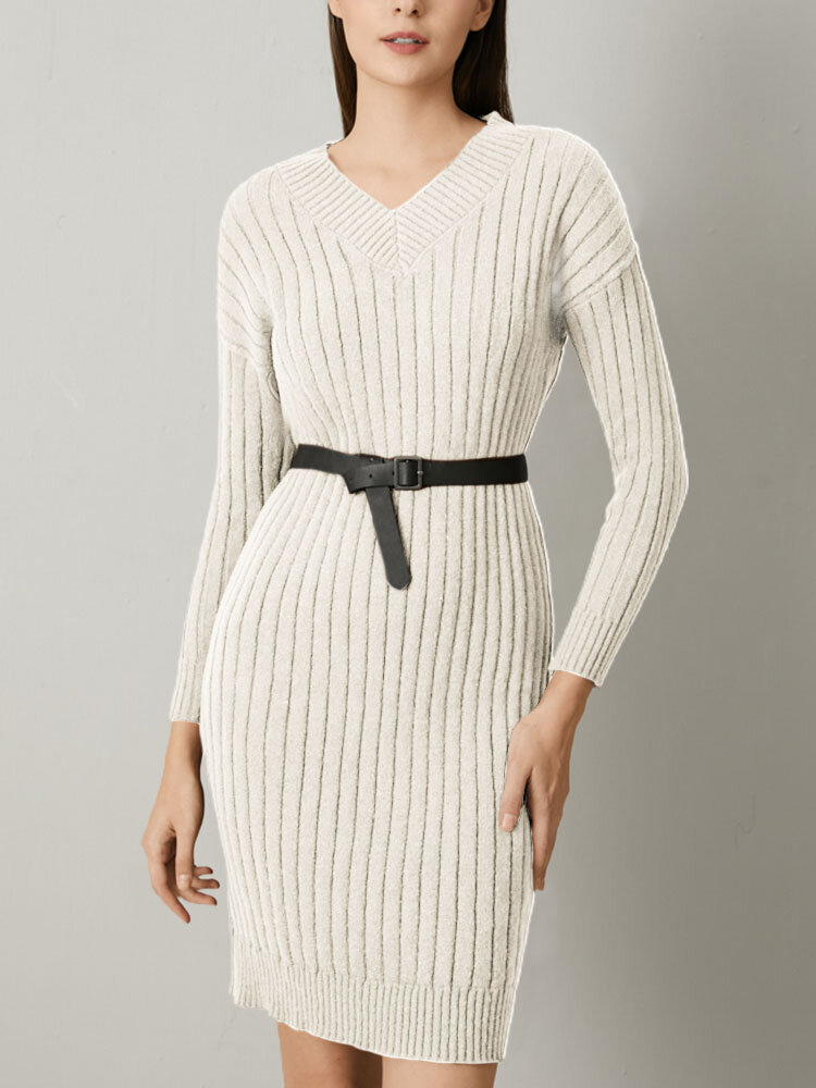 
	Solid Color Ribbed Knit V-neck Bodycon Women Casual Dress