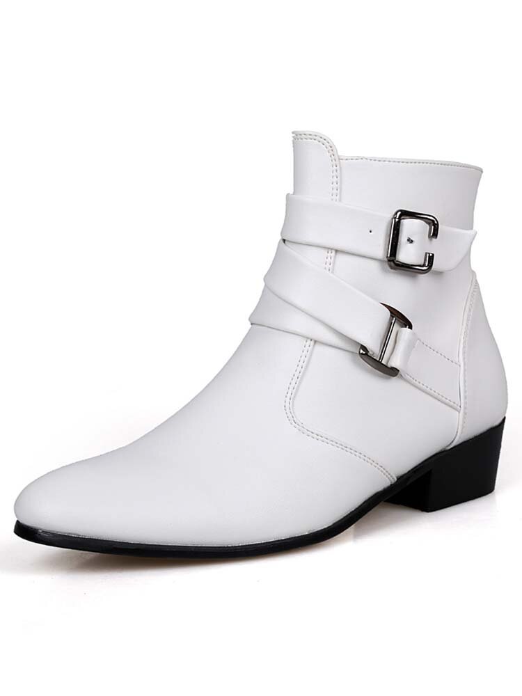 
	Men PU Non Slip Pointed Toe Side Zipper Buckle Casual Boots