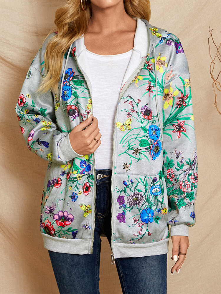 
	Calico Print Zip Front Drawstring Kangaroo Pocket Hoodie Jacket