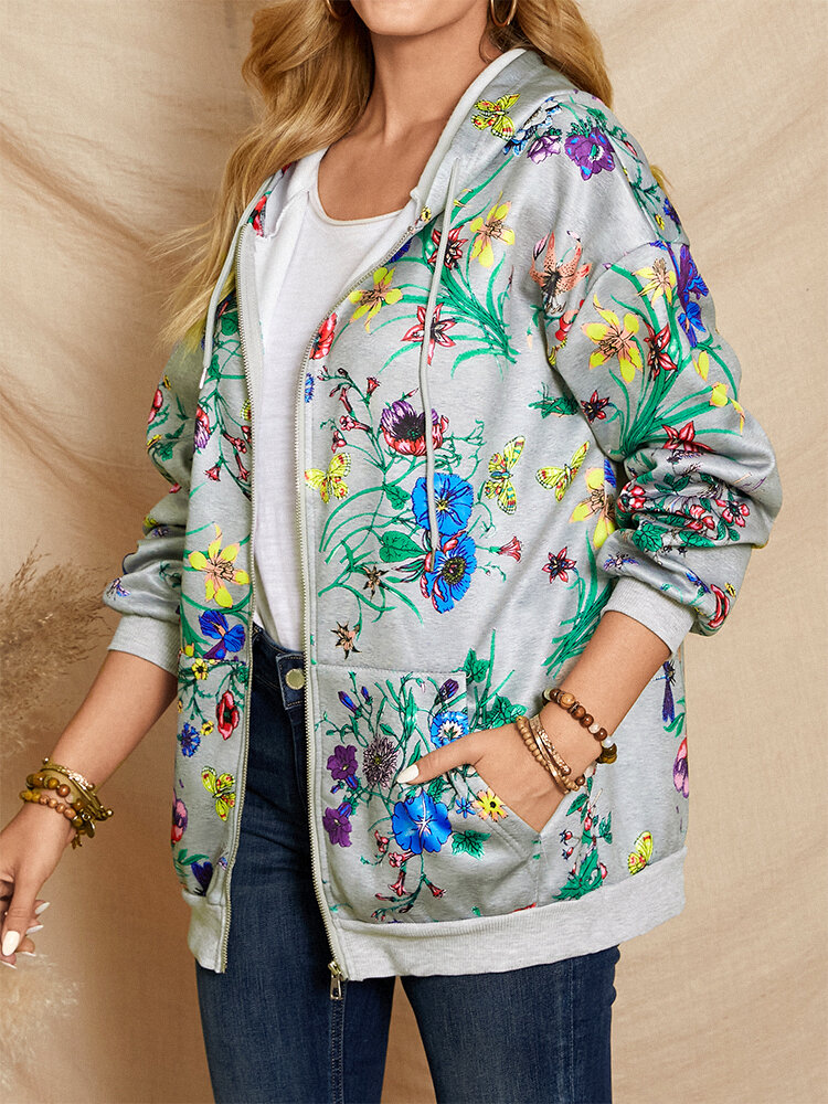 
	Calico Print Zip Front Drawstring Kangaroo Pocket Hoodie Jacket