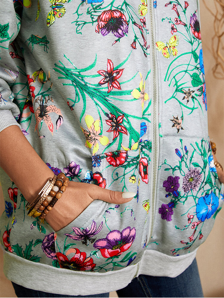 
	Calico Print Zip Front Drawstring Kangaroo Pocket Hoodie Jacket