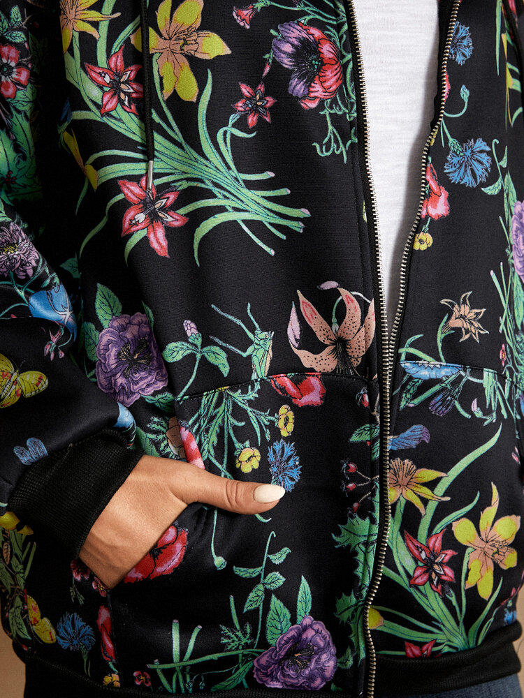 
	Calico Print Zip Front Drawstring Kangaroo Pocket Hoodie Jacket