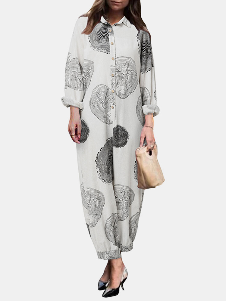 
	Tree Rings Print Button Long Sleeve Casual Jumpsuit for Women