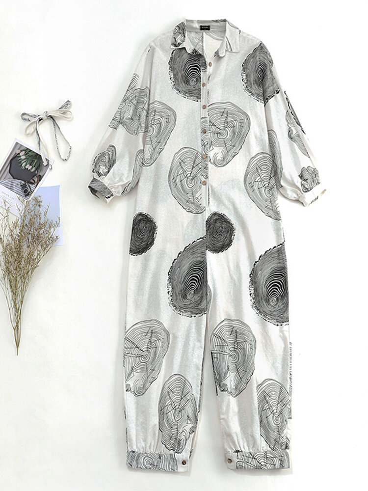 
	Tree Rings Print Button Long Sleeve Casual Jumpsuit for Women