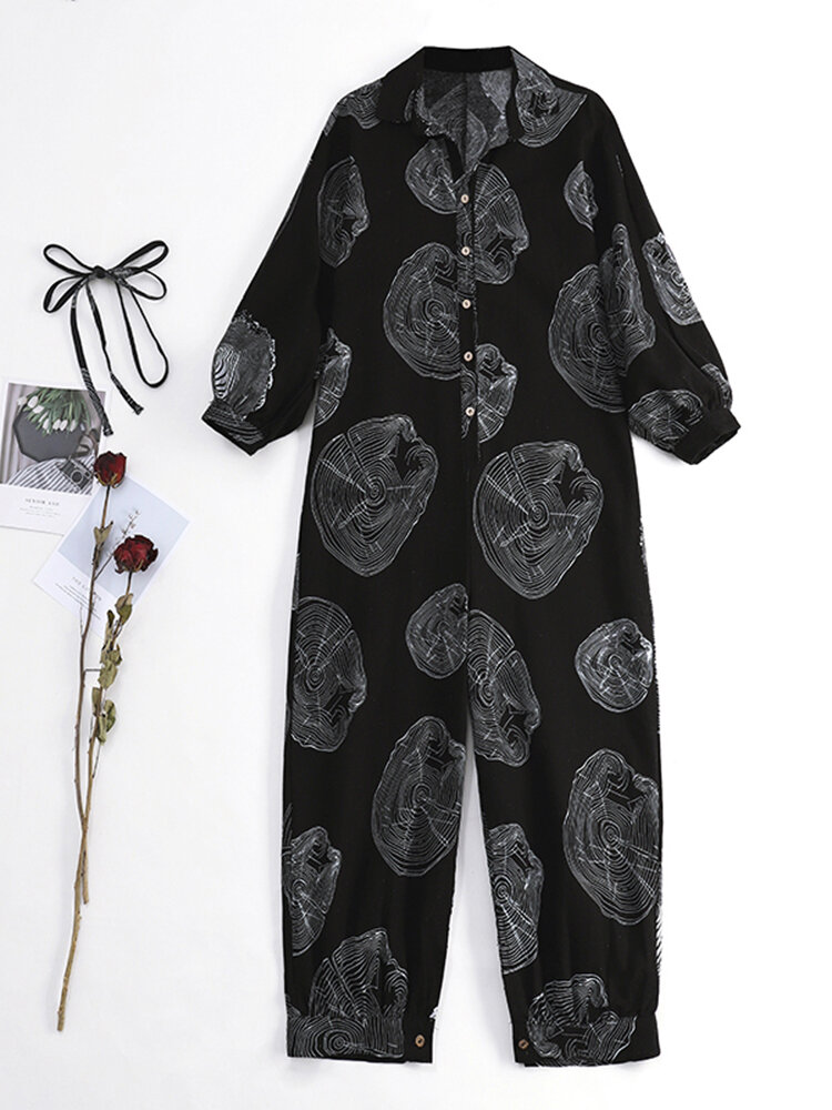 
	Tree Rings Print Button Long Sleeve Casual Jumpsuit for Women
