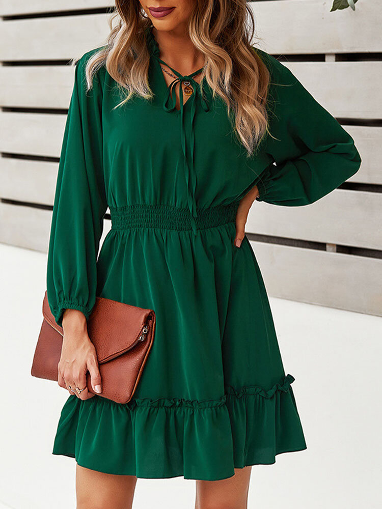 
	Solid Elastic Waist Ruffle Tie Front Long Sleeve Casual Dress
