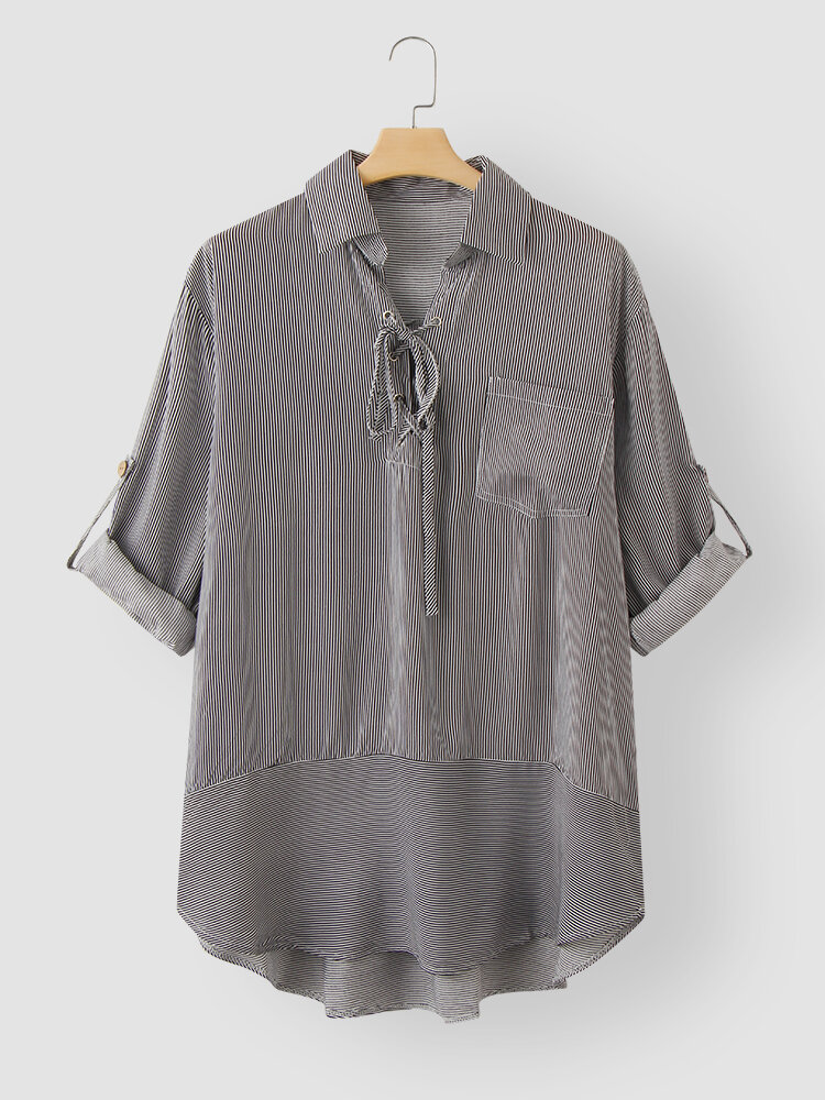 
	Stripe Print Pocket Tie Front Long Sleeve Lapel Dress