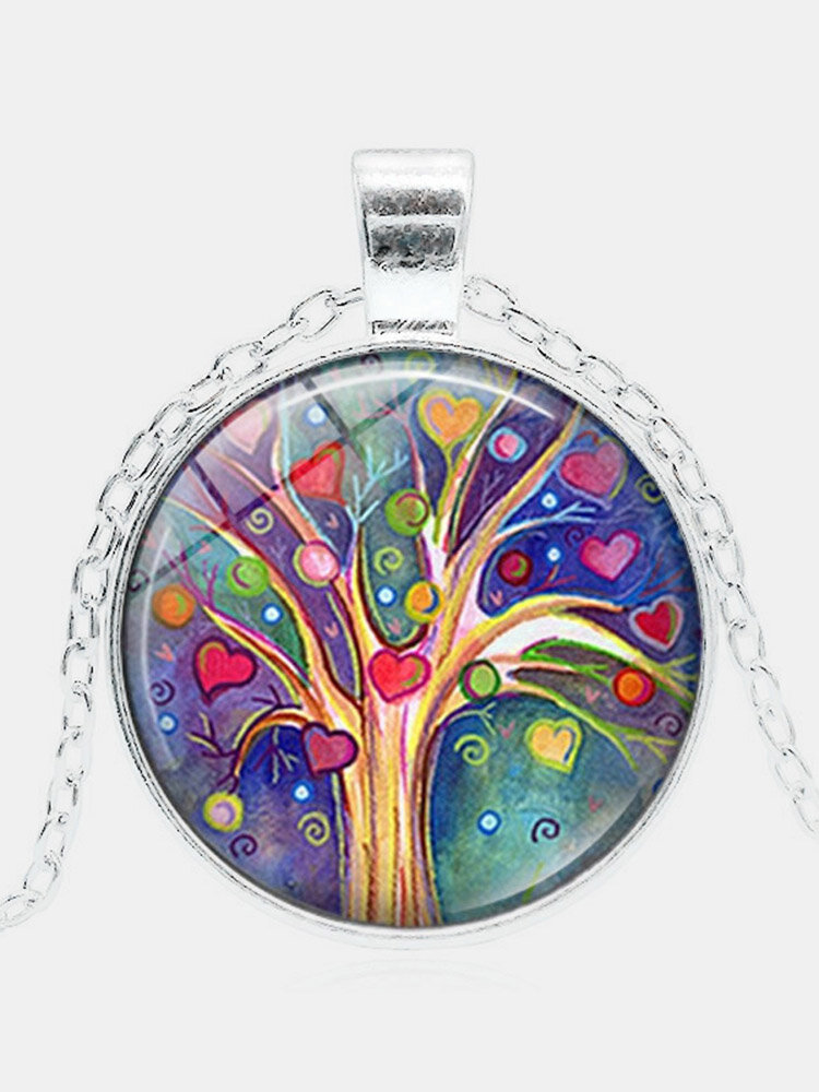 
	Vintage Geometric Round Tree Of Life Gemstone Pendant Necklace Metal Colorful Glass Printed Women Jewelry