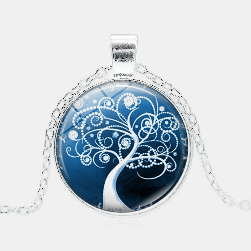 
	Vintage Geometric Round Tree Of Life Gemstone Pendant Necklace Metal Colorful Glass Printed Women Jewelry