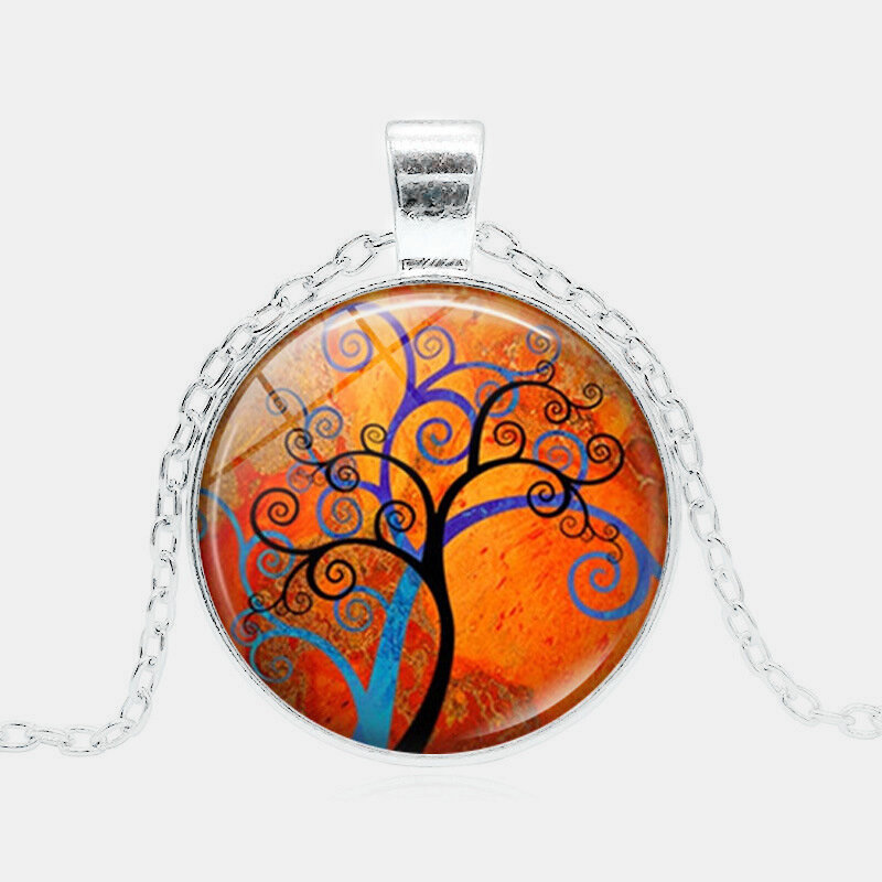 
	Vintage Geometric Round Tree Of Life Gemstone Pendant Necklace Metal Colorful Glass Printed Women Jewelry