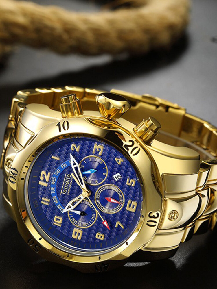 
	Large Dial Men Business Watch Multifunctional Luminous Calendar Waterproof Quartz Watch