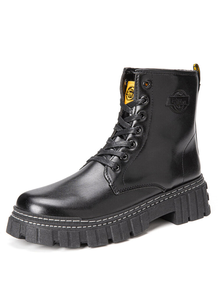 
	Men Black Comfort Round Toe Pure Color PU Leather Mid Calf Boots