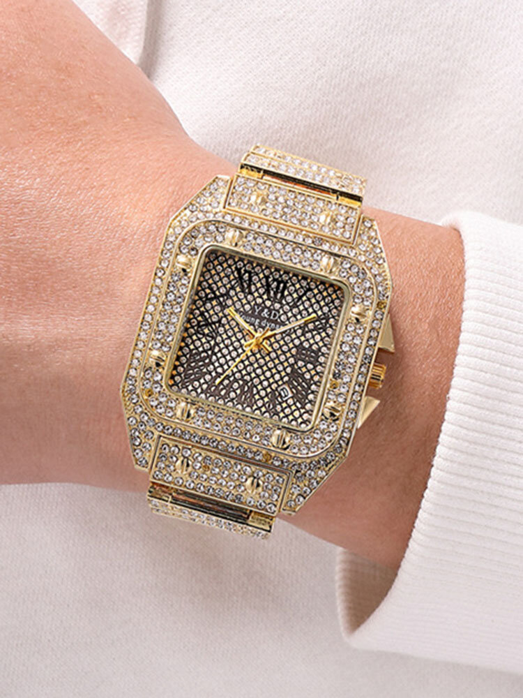 
	Causal Big Dial Steel Band Diamond Quartz Watch For Men Women