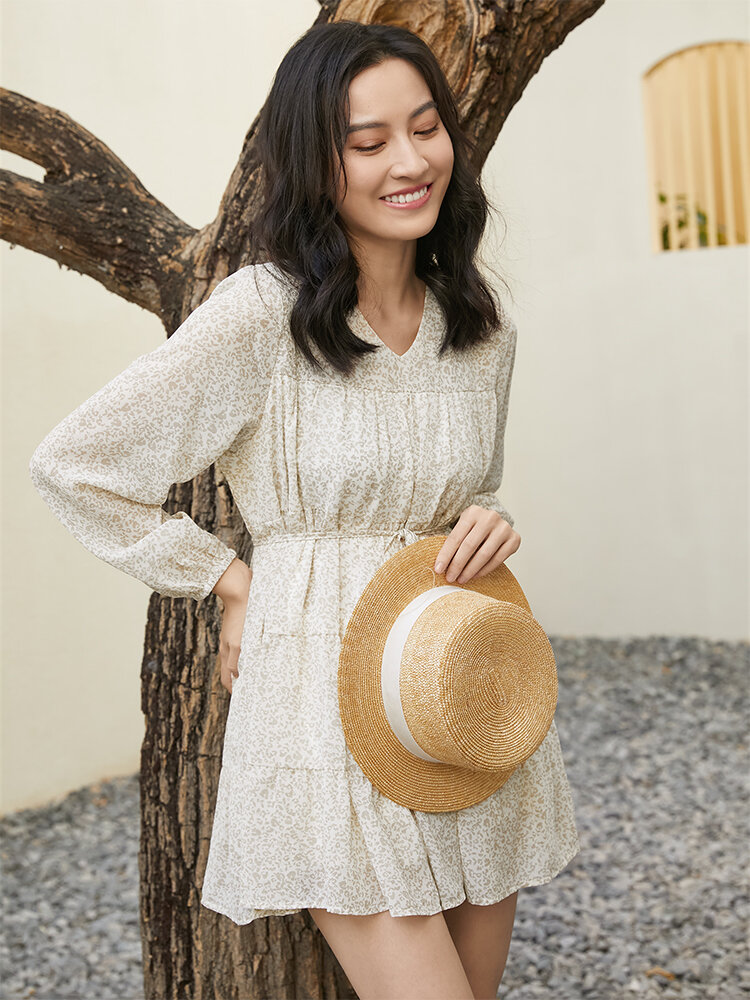 
	Floral Pattern Ruffle Hem V-neck Knotted Print Dress