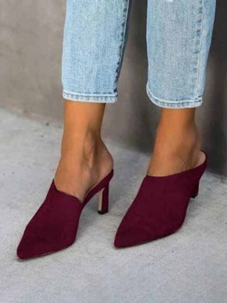 
	Large Size Solid Color Suede Pointed Closed Toe Mules Heels For Women