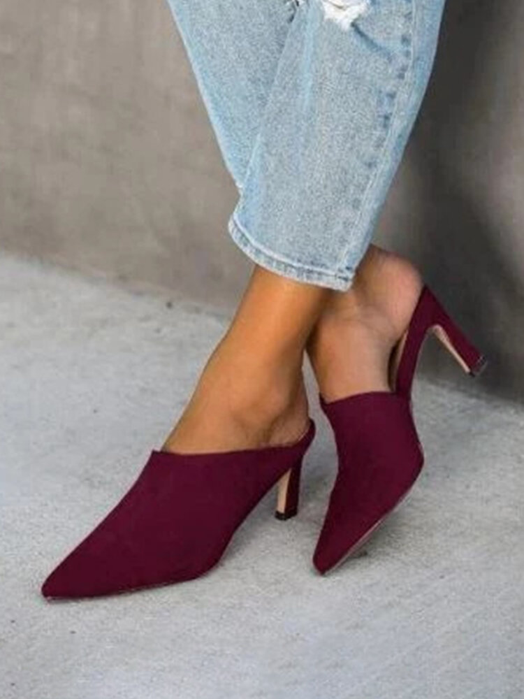 
	Large Size Solid Color Suede Pointed Closed Toe Mules Heels For Women