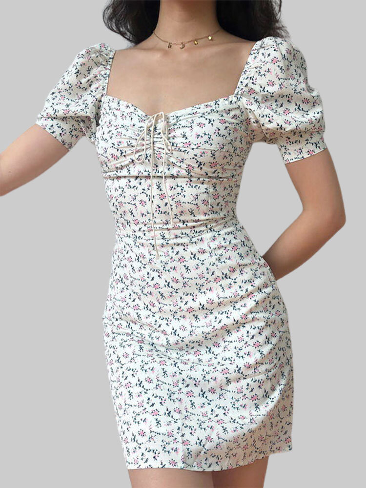 
	Floral Print Tie Front Square Collar Puff Sleeve Chiffon Dress