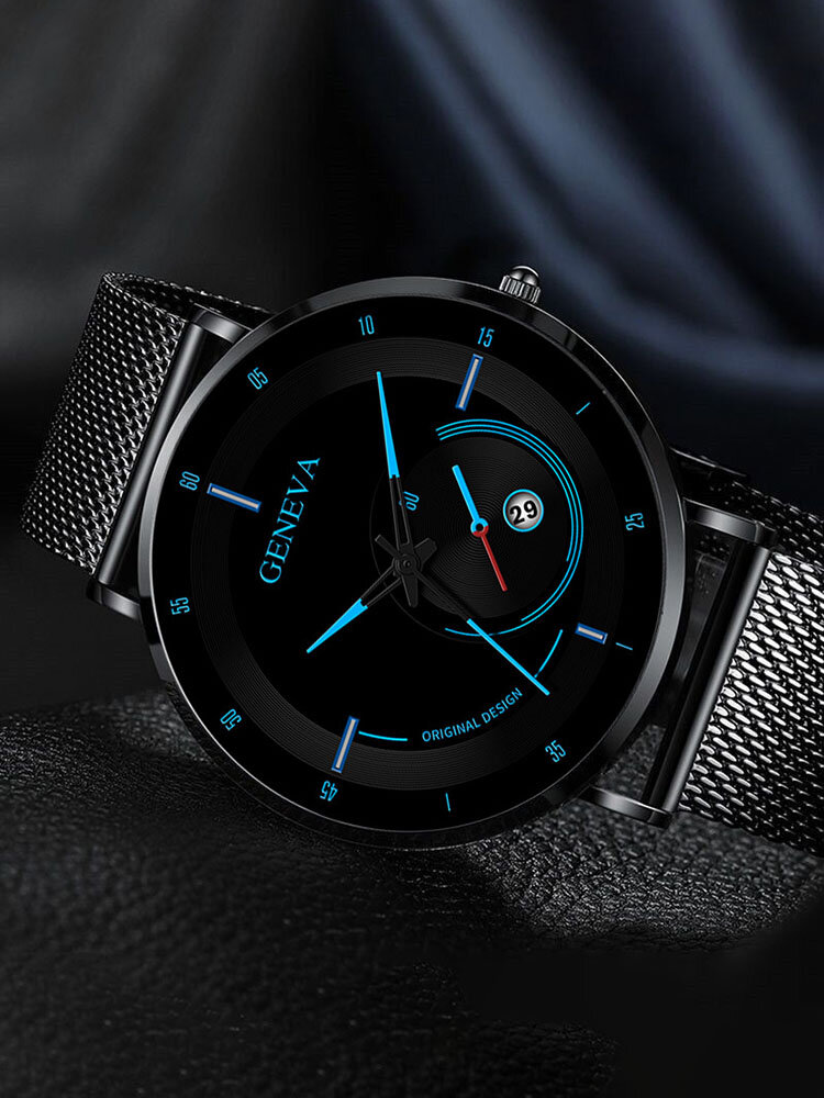 
	Alloy Steel Business Casual Mesh Belt Calendar Mens Quartz Watch