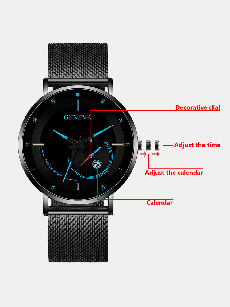 
	Alloy Steel Business Casual Mesh Belt Calendar Mens Quartz Watch