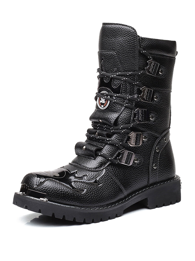 
	Men Classic Black Biker Boots Metal Buckle Lace Up Motorcycle Boots