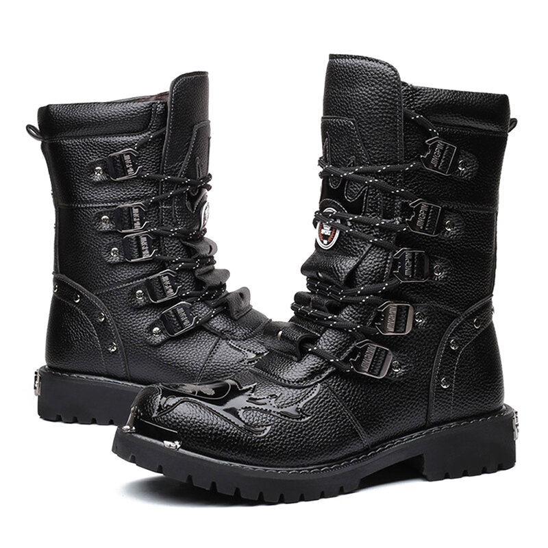 
	Men Classic Black Biker Boots Metal Buckle Lace Up Motorcycle Boots