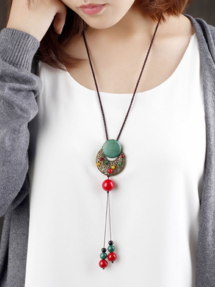 
	Ethnic Vintage Agate Hollow Moon Turquoise Jade Casual Shirts Sweater Long Necklace for Her
