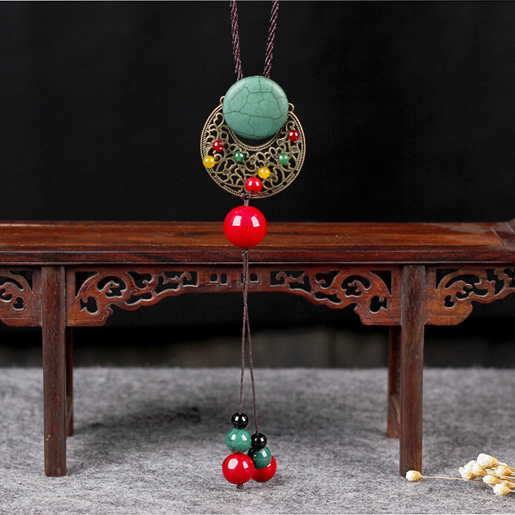 
	Ethnic Vintage Agate Hollow Moon Turquoise Jade Casual Shirts Sweater Long Necklace for Her