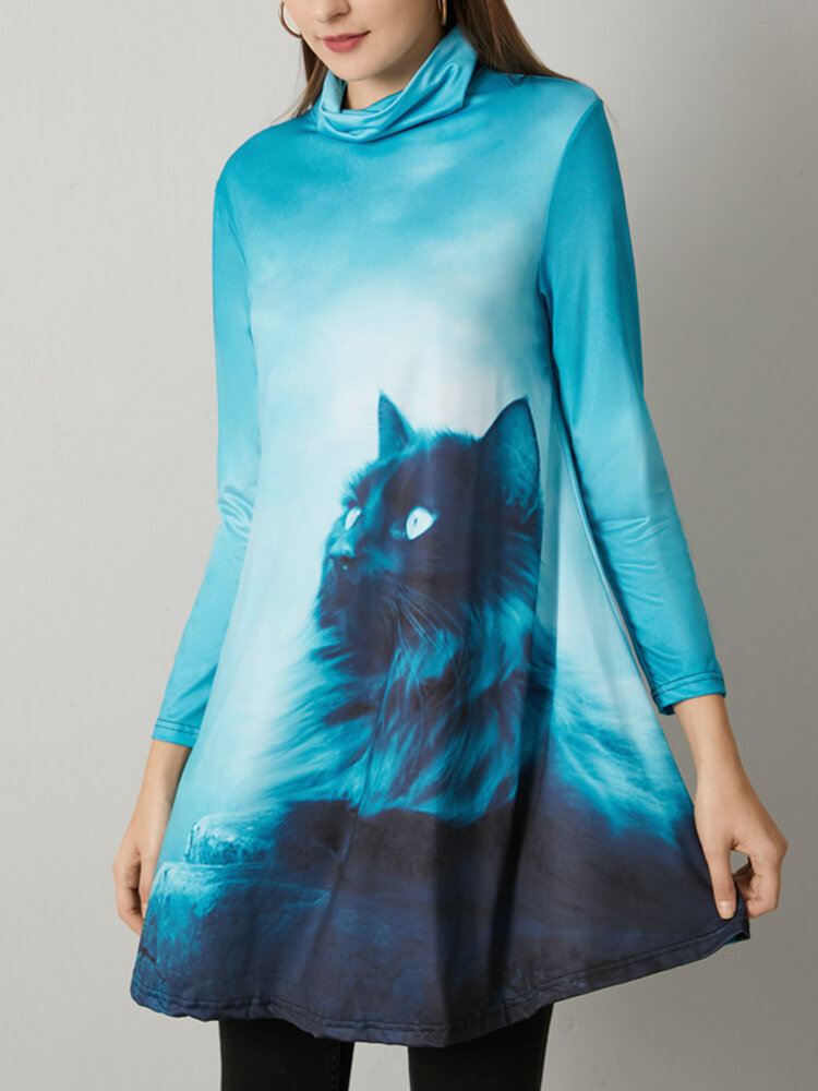 
	Cartoon Cat Print Turtleneck Long Sleeve Women Casual Dress