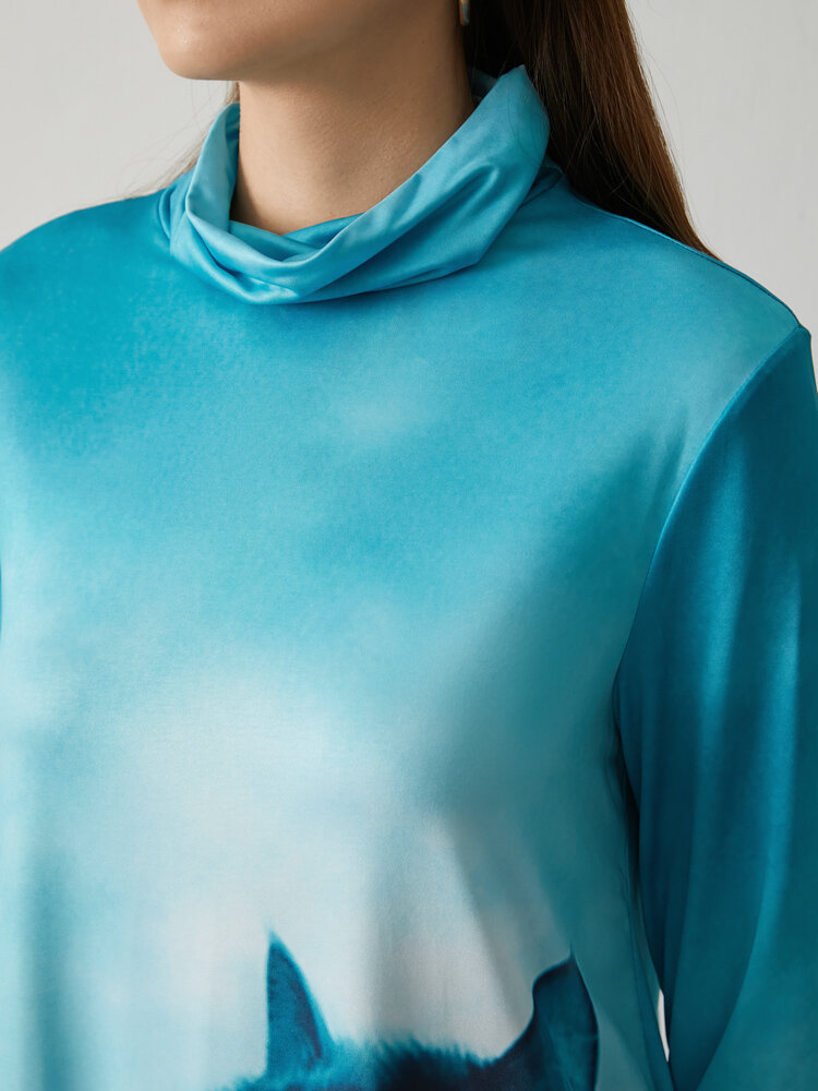 
	Cartoon Cat Print Turtleneck Long Sleeve Women Casual Dress