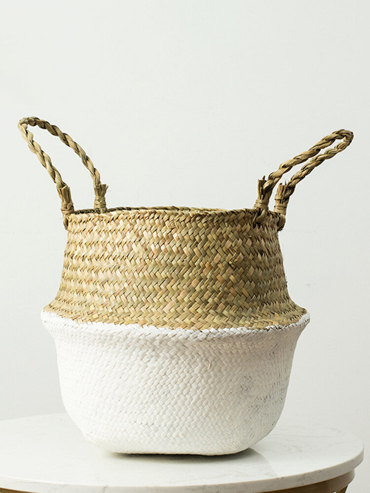 
	Household Foldable Natural Seagrass Woven Storage Pot Garden Flower Vase Hanging Basket With Handle