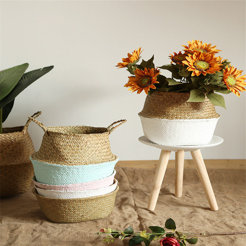 
	Household Foldable Natural Seagrass Woven Storage Pot Garden Flower Vase Hanging Basket With Handle