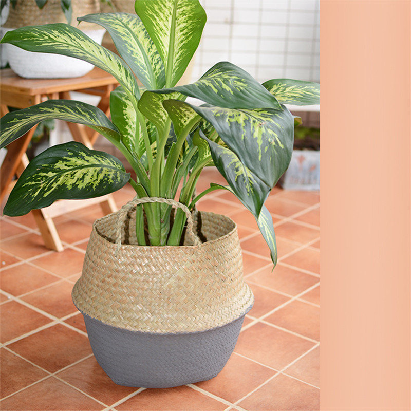 
	Household Foldable Natural Seagrass Woven Storage Pot Garden Flower Vase Hanging Basket With Handle
