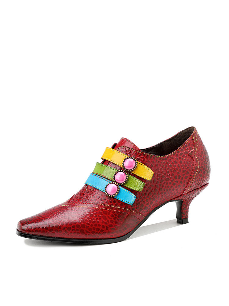 
	Socofy Retro Print Genuine Leather Colorful Button Pointed Toe Cone Heel Business Shoes Side Zipper Low Heel Pumps