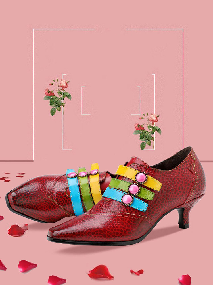 
	Socofy Retro Print Genuine Leather Colorful Button Pointed Toe Cone Heel Business Shoes Side Zipper Low Heel Pumps