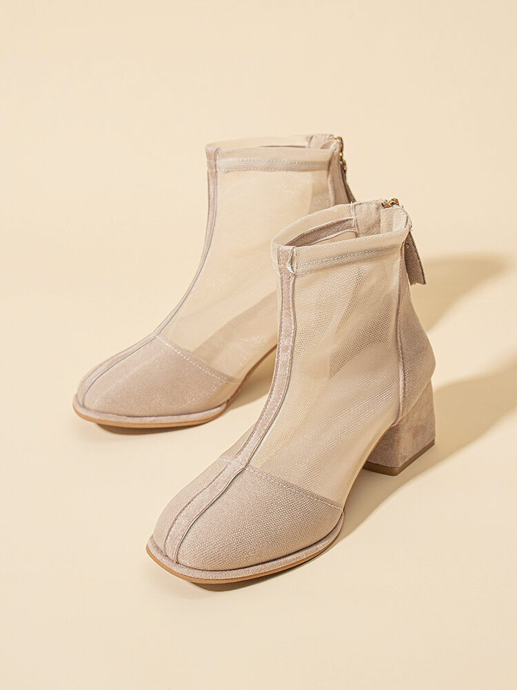 
	Women Solid Color Summer Breathable Mesh Suede Pacthwork Back-zip Heel Boots