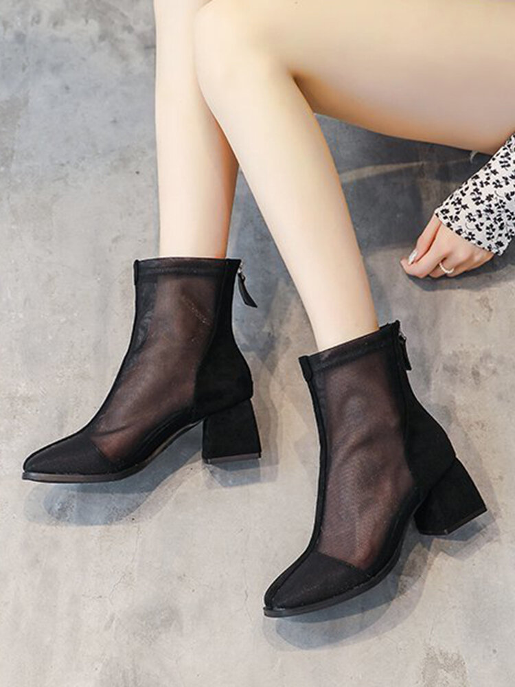 
	Women Solid Color Summer Breathable Mesh Suede Pacthwork Back-zip Heel Boots