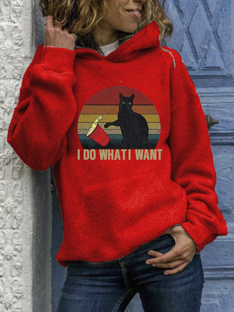 
	Black Cat Print Long Sleeves Casual Hoodies for Women