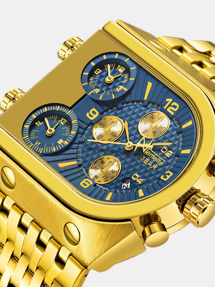 
	U-Shape Dial Men Business Watch Three Time Zone Calendar Waterproof Quartz Watch