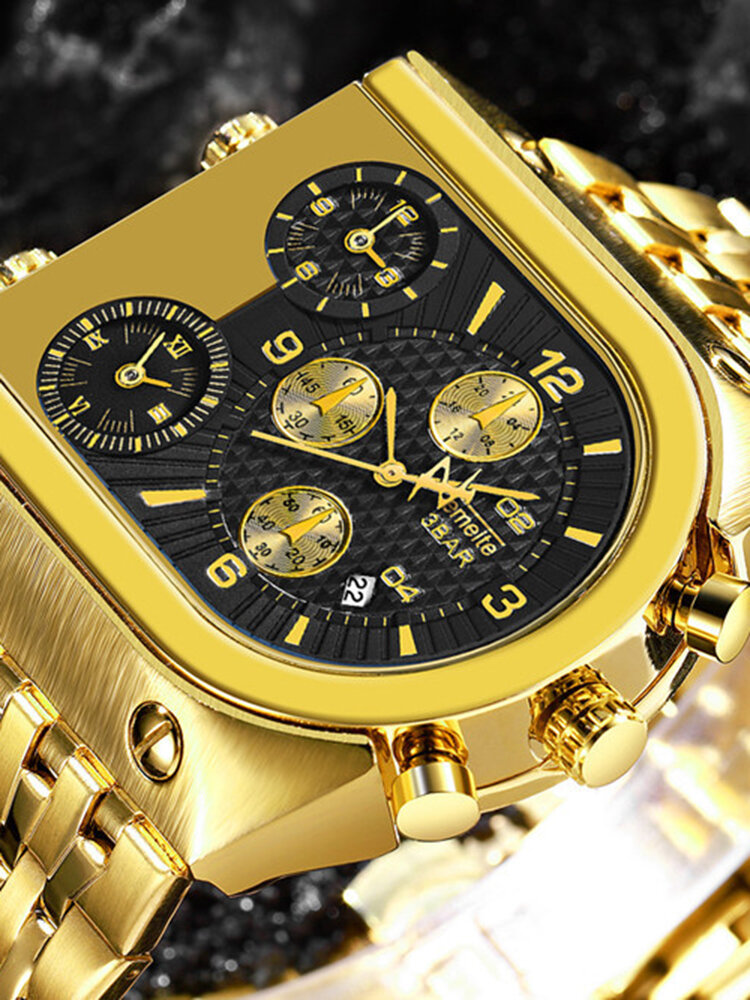 
	U-Shape Dial Men Business Watch Three Time Zone Calendar Waterproof Quartz Watch