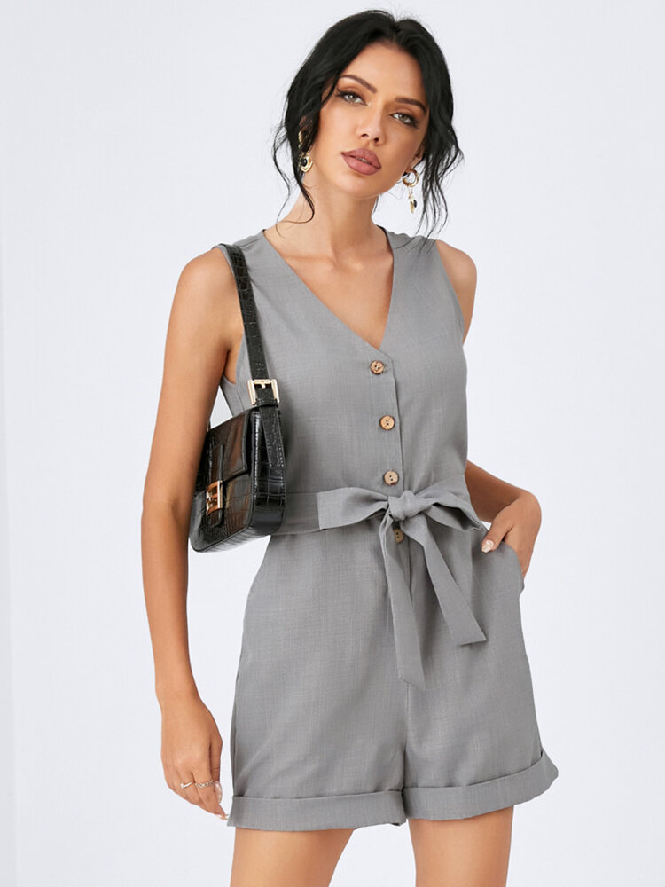 
	Solid Pocket Button Belt Sleeveless Casual Jumpsuit Women