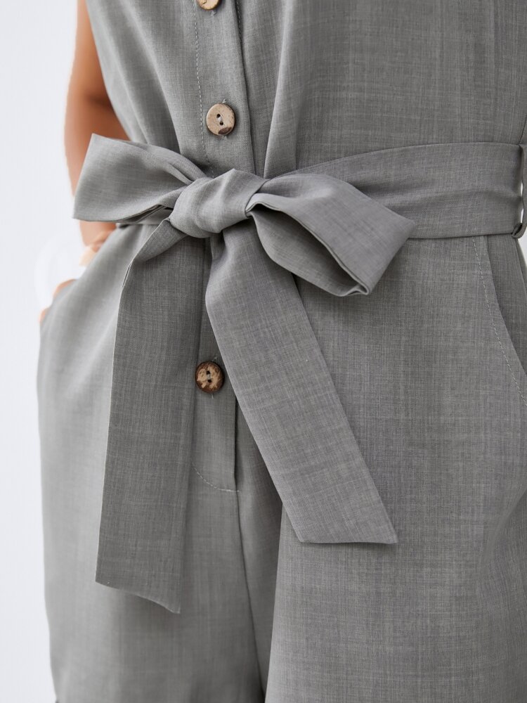 
	Solid Pocket Button Belt Sleeveless Casual Jumpsuit Women