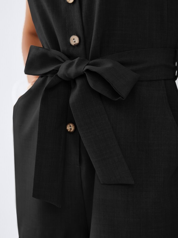 
	Solid Pocket Button Belt Sleeveless Casual Jumpsuit Women