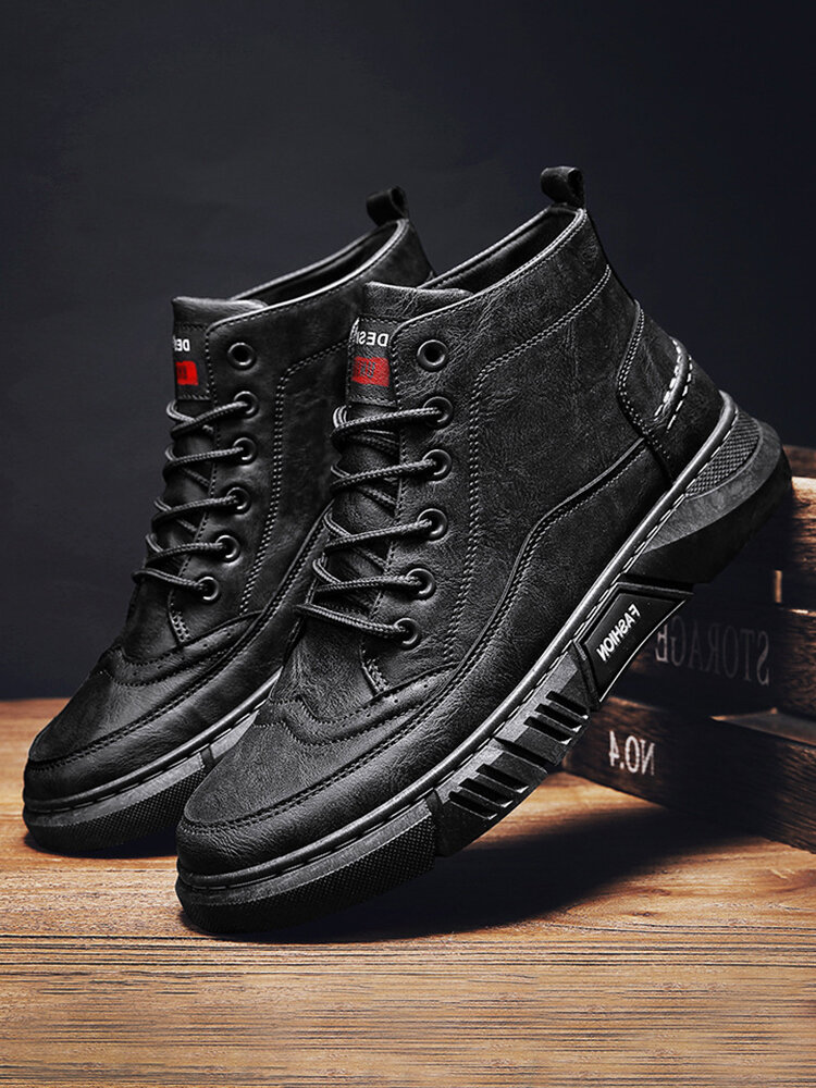 
	Men Brogue Black Lace Up High Top Ankle Casual Boots