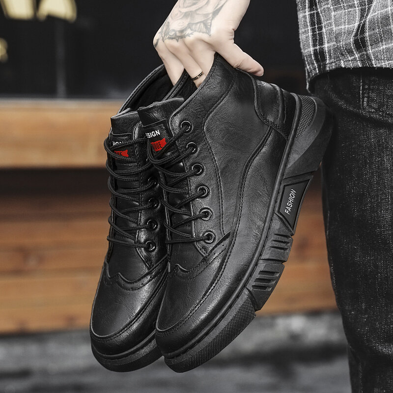 
	Men Brogue Black Lace Up High Top Ankle Casual Boots