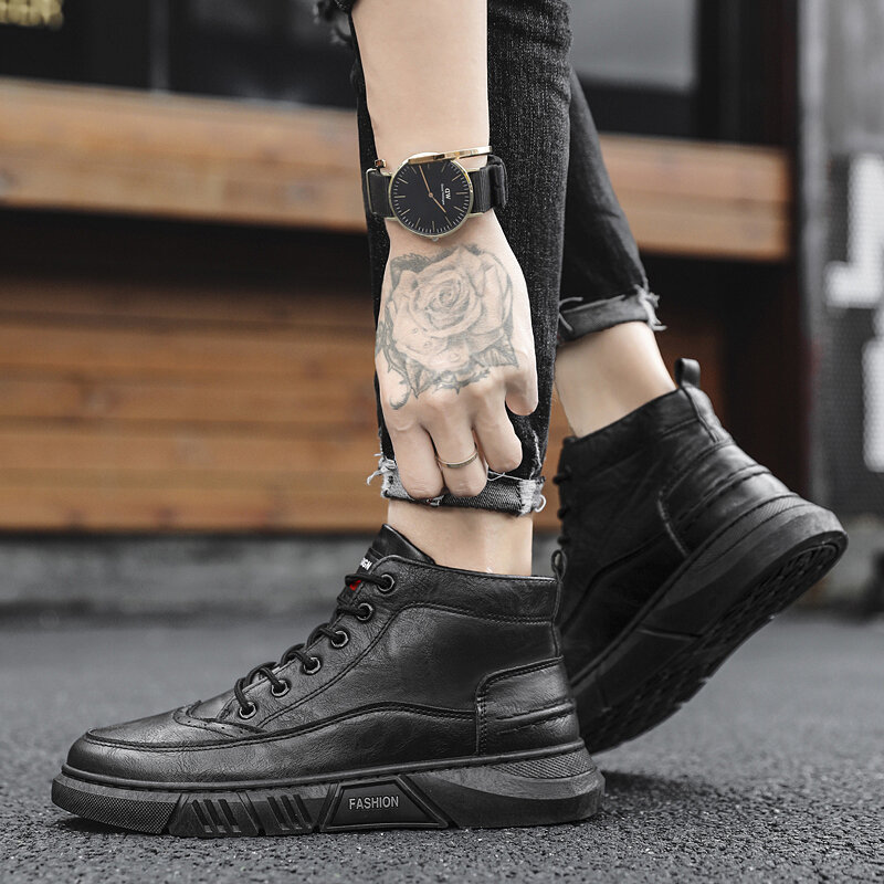 
	Men Brogue Black Lace Up High Top Ankle Casual Boots